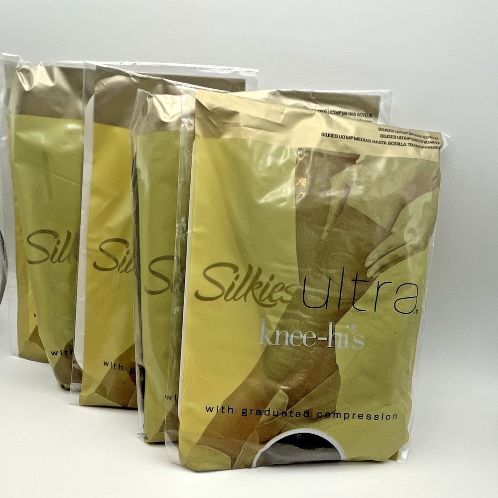 Lot of 5 Pairs Silkies Ultra‎ Compression Knee-Hi's, Off-Black Queen Size
